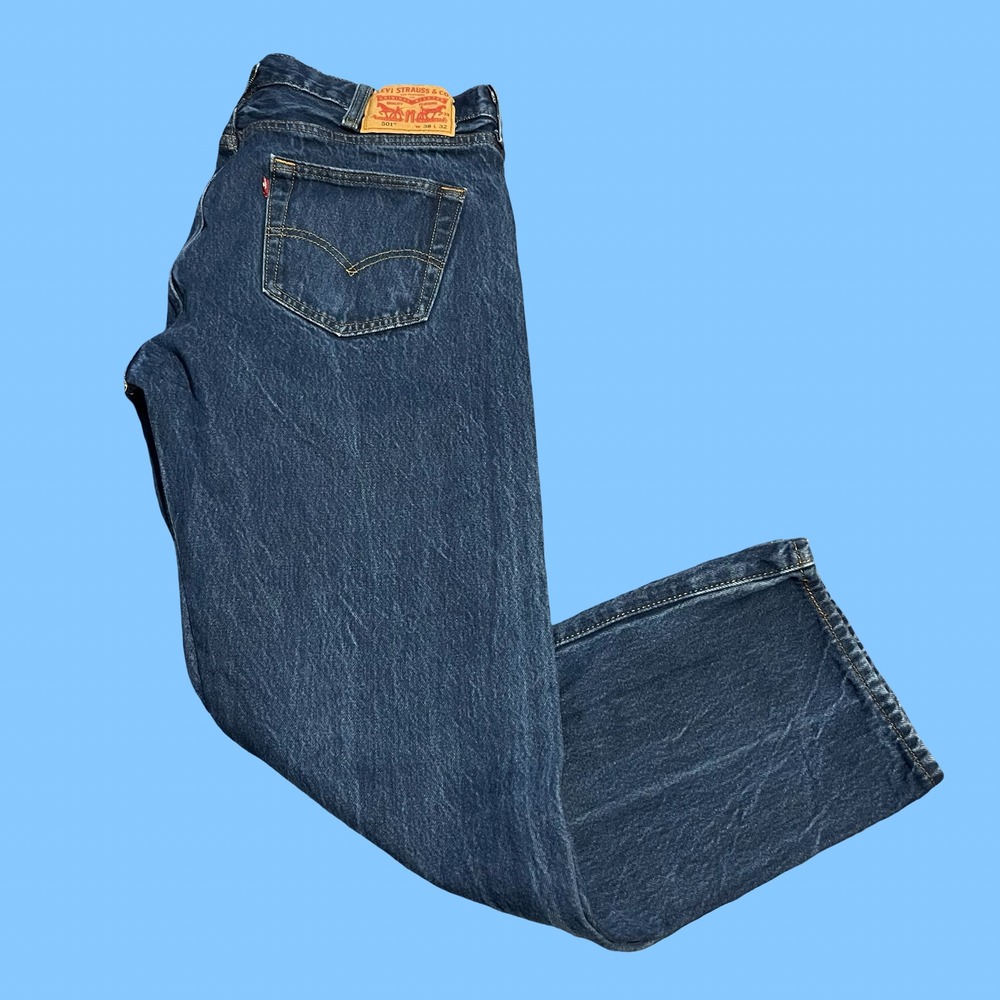 Levis 501 Original Fit Jeans Mens 38x32 Dark Wash Blue Denim Button Fly Straight